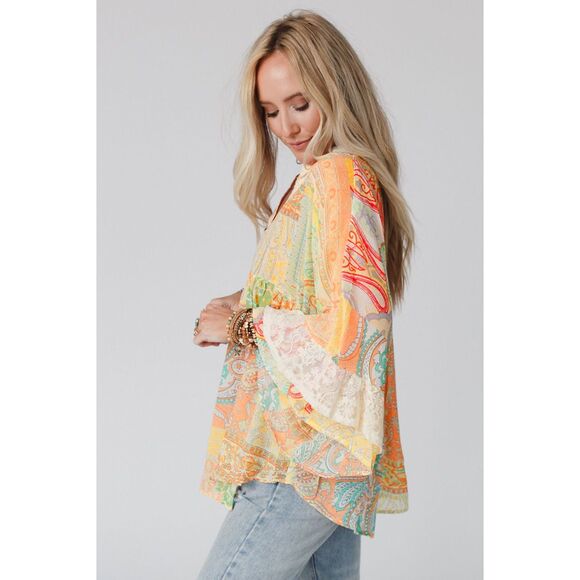 Boho Flowy Paisley Blouse | Bell Sleeve Lace Detail – Women’s Small- NWT - Picture 2 of 4